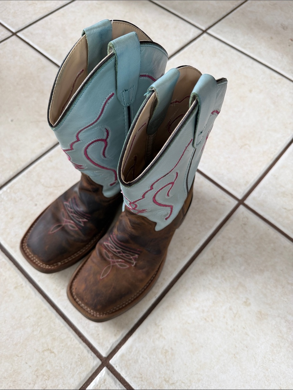 Old West Girl’s Brown Leather Boots with Light Blue Shaft and Pink Stitching